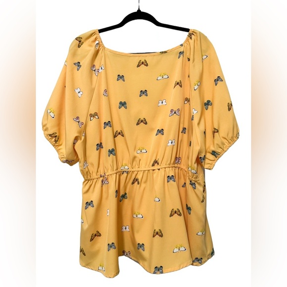 Shein Curve 4XL Yellow Butterfly Print Tie Front Puff Sleeve Peplum Blouse NWOT - Picture 6 of 10